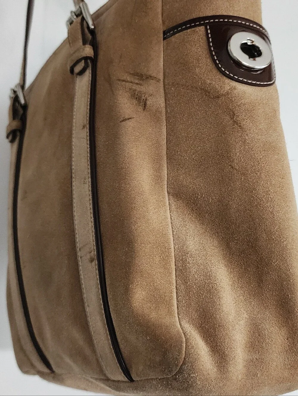 Coach Suede Tote in Camel Brown with Bear Charm